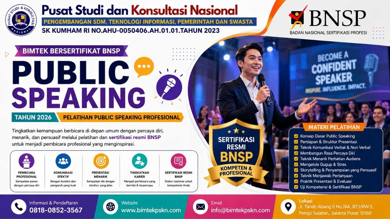 Bimtek Public Speaking Bersertifikat BNSP Tahun 2026 Pelatihan Public Speaking Profesional