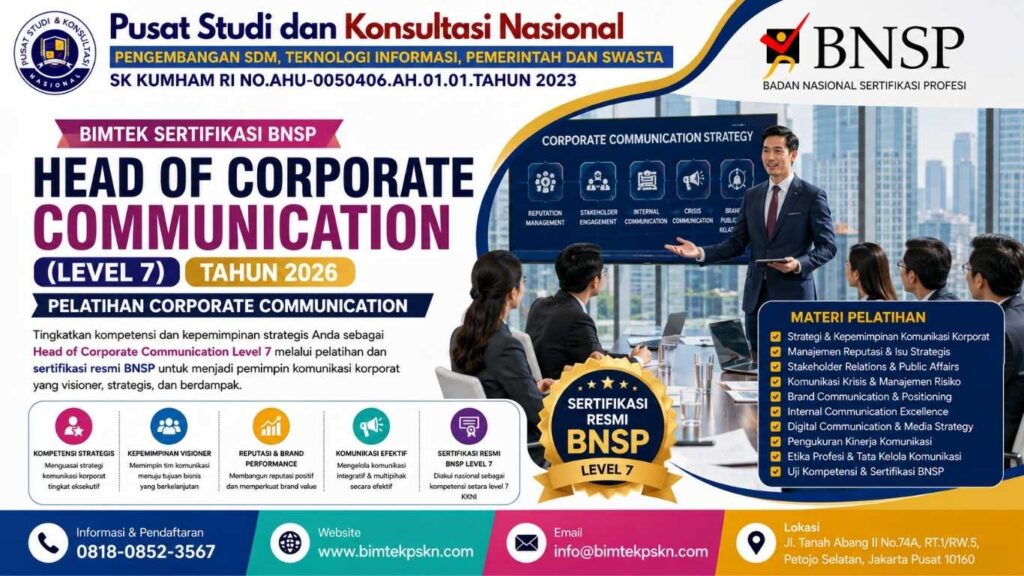 Bimtek Sertifikasi BNSP Head of Corporate Communication (Level 7) Tahun 2026 Pelatihan Corporate Communication