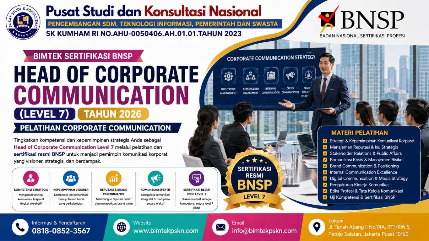 Bimtek Sertifikasi BNSP Head of Corporate Communication (Level 7) Tahun 2026 Pelatihan Corporate Communication