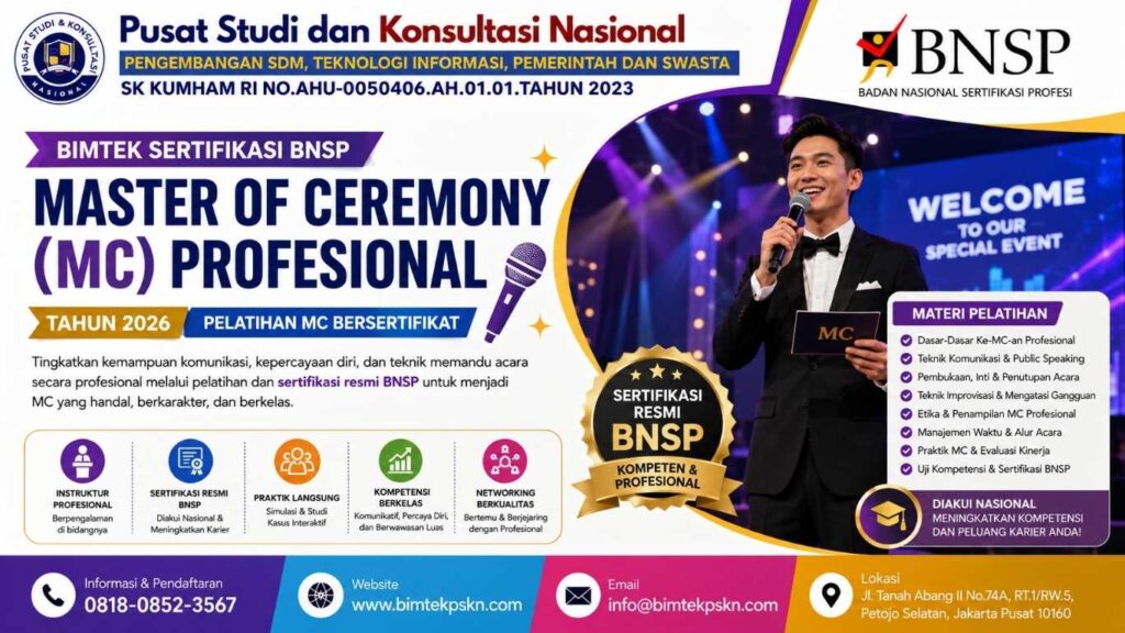 Bimtek Sertifikasi BNSP Master of Ceremony (MC) Profesional Tahun 2026 Pelatihan MC Bersertifikat