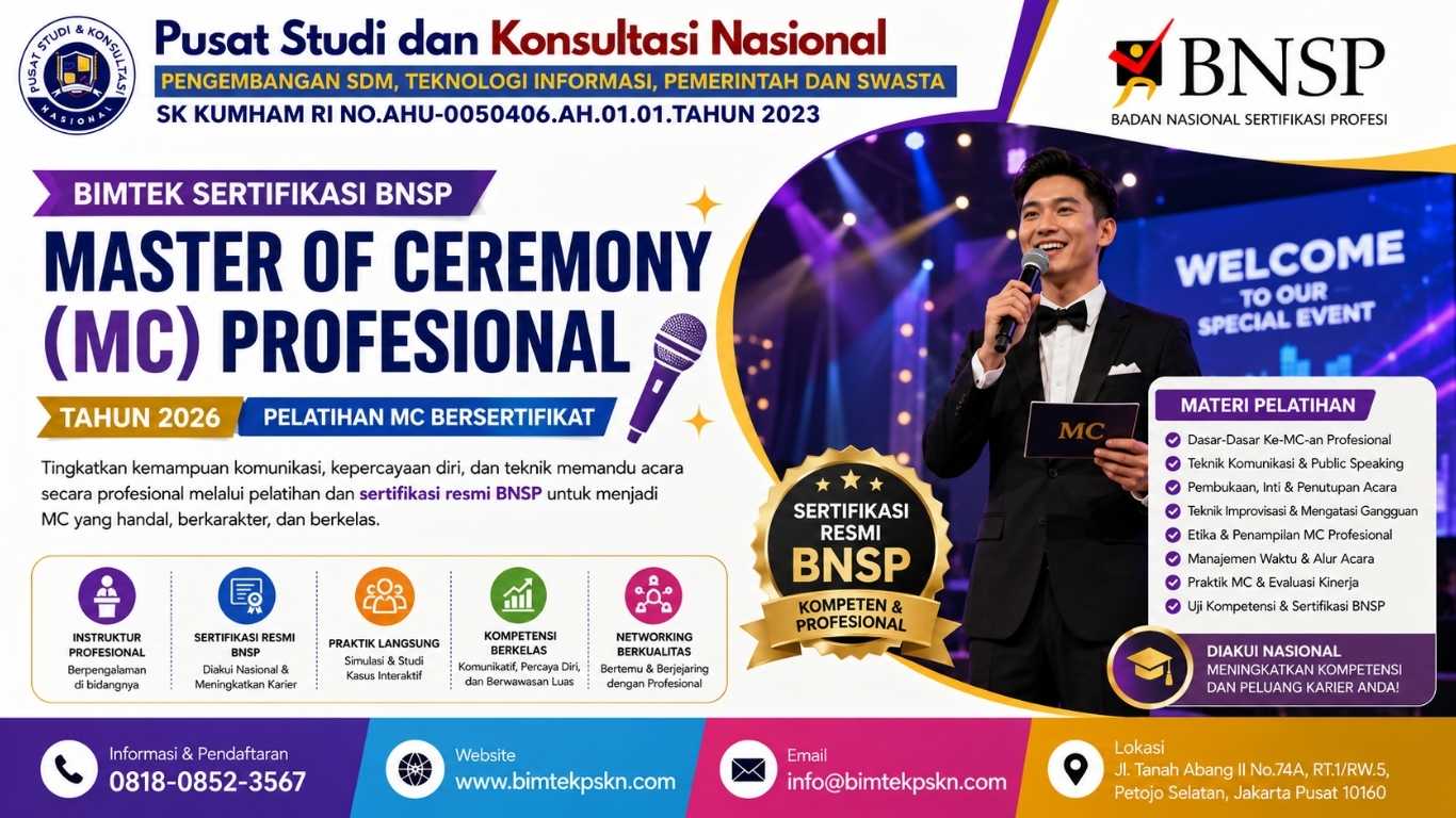 Bimtek Sertifikasi BNSP Master of Ceremony (MC) Profesional Tahun 2026 Pelatihan MC Bersertifikat