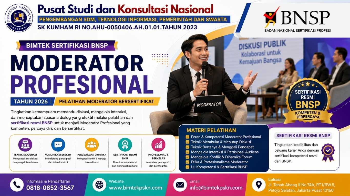 Bimtek Sertifikasi BNSP Moderator Profesional Tahun 2026 Pelatihan Moderator Bersertifikat