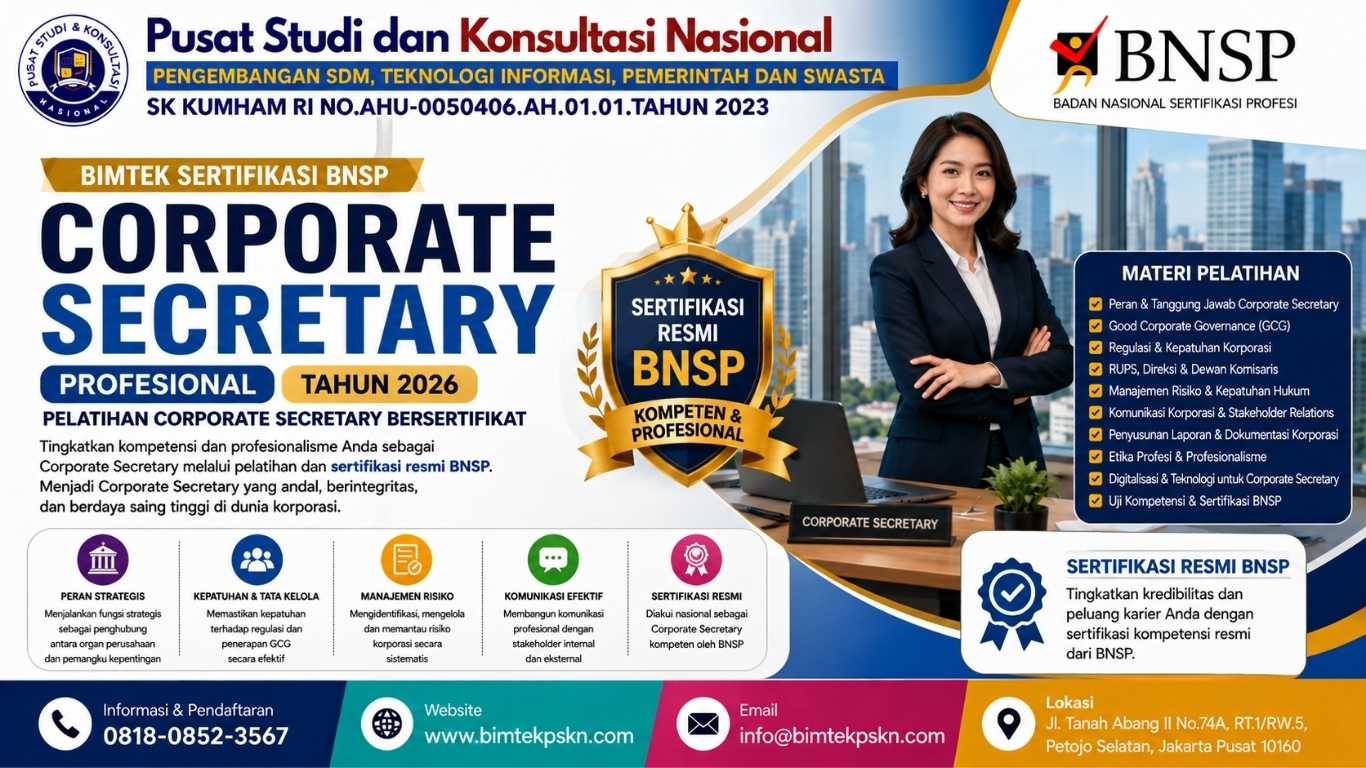 Bimtek Sertifikasi Corporate Secretary Profesional Tahun 2026 Pelatihan Corporate Secretary Bersertifikat