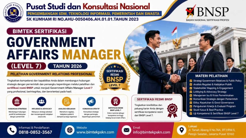 Bimtek Sertifikasi Government Affairs Manager (Level 7) Tahun 2026 Pelatihan Government Relations Profesional