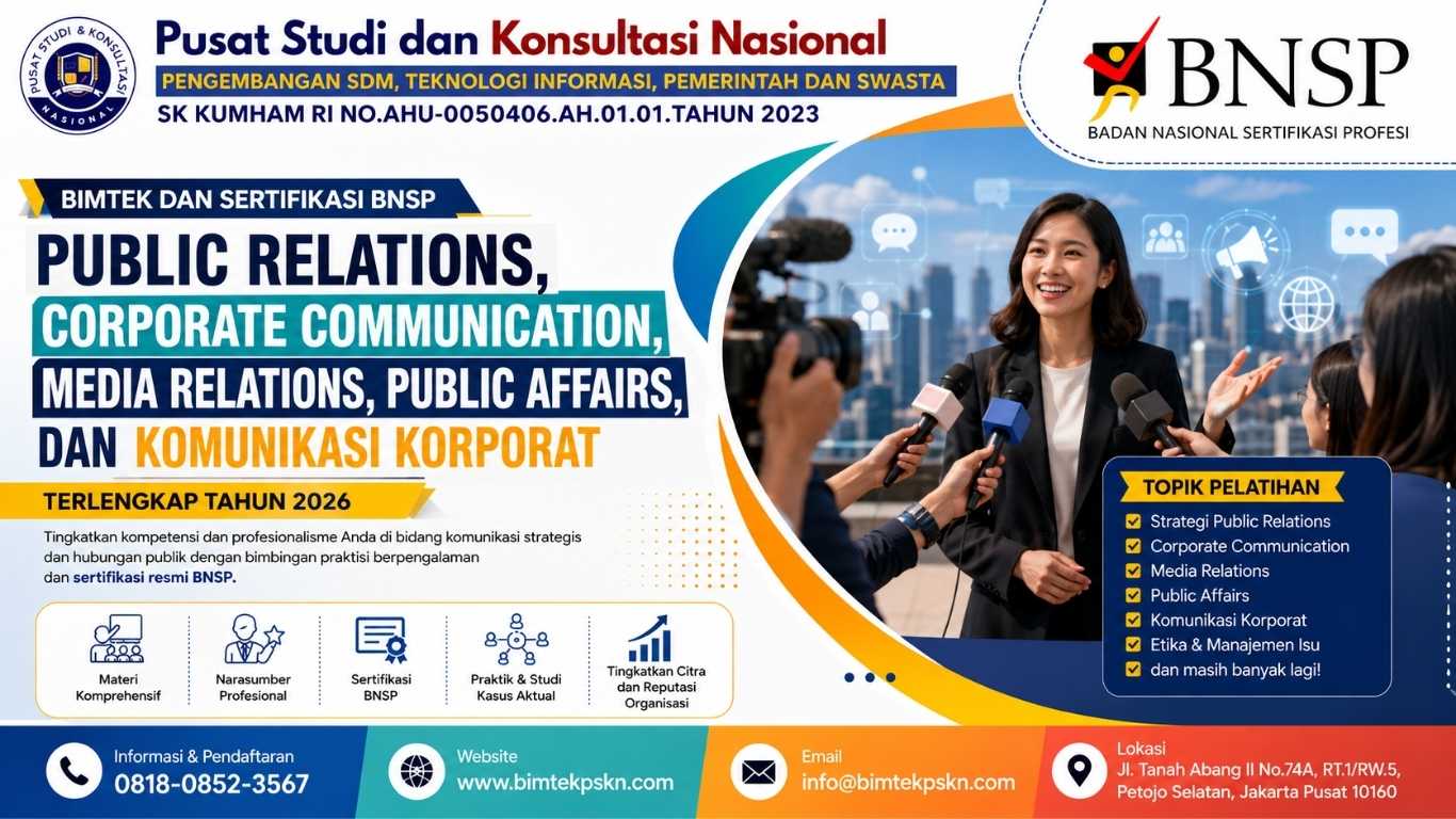 Bimtek dan Sertifikasi BNSP Public Relations, Corporate Communication, Media Relations, Public Affairs, dan Komunikasi Korporat Terlengkap Tahun 2026