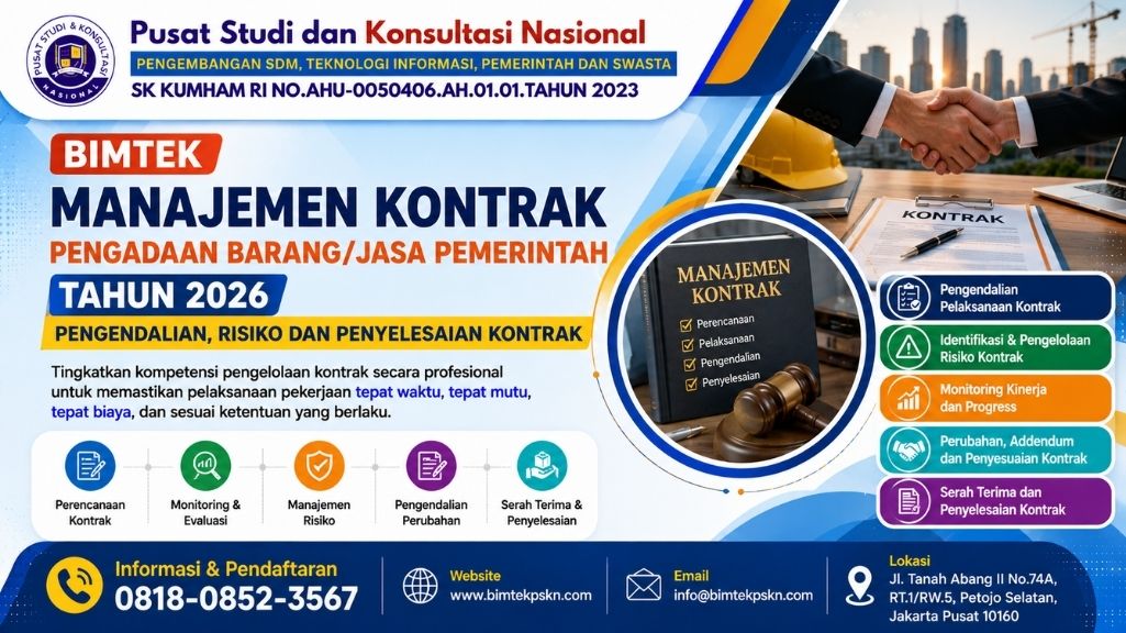 Bimtek Manajemen Kontrak Pengadaan BarangJasa Pemerintah Tahun 2026 Pengendalian, Risiko dan Penyelesaian Kontrak