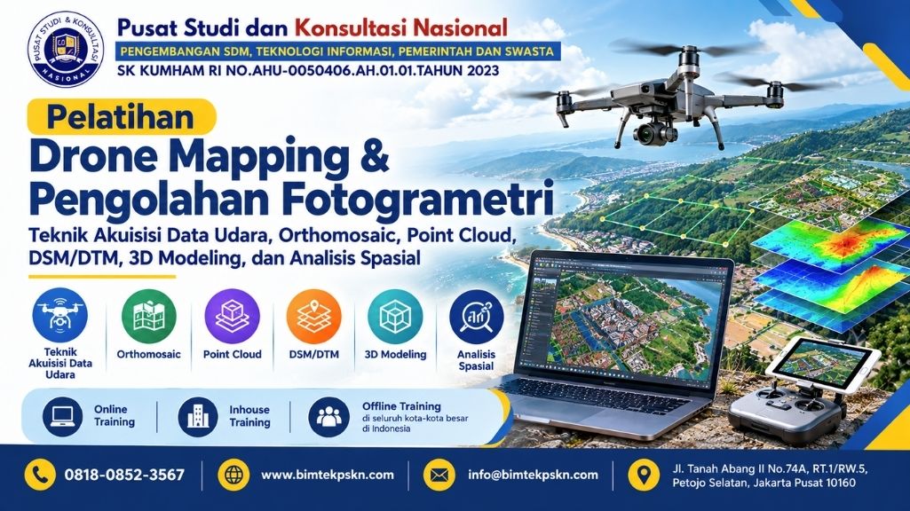 Pelatihan Drone Mapping & Pengolahan Fotogrametri Teknik Akuisisi Data Udara, Orthomosaic, Point Cloud, DSMDTM, 3D Modeling, dan Analisis Spasial